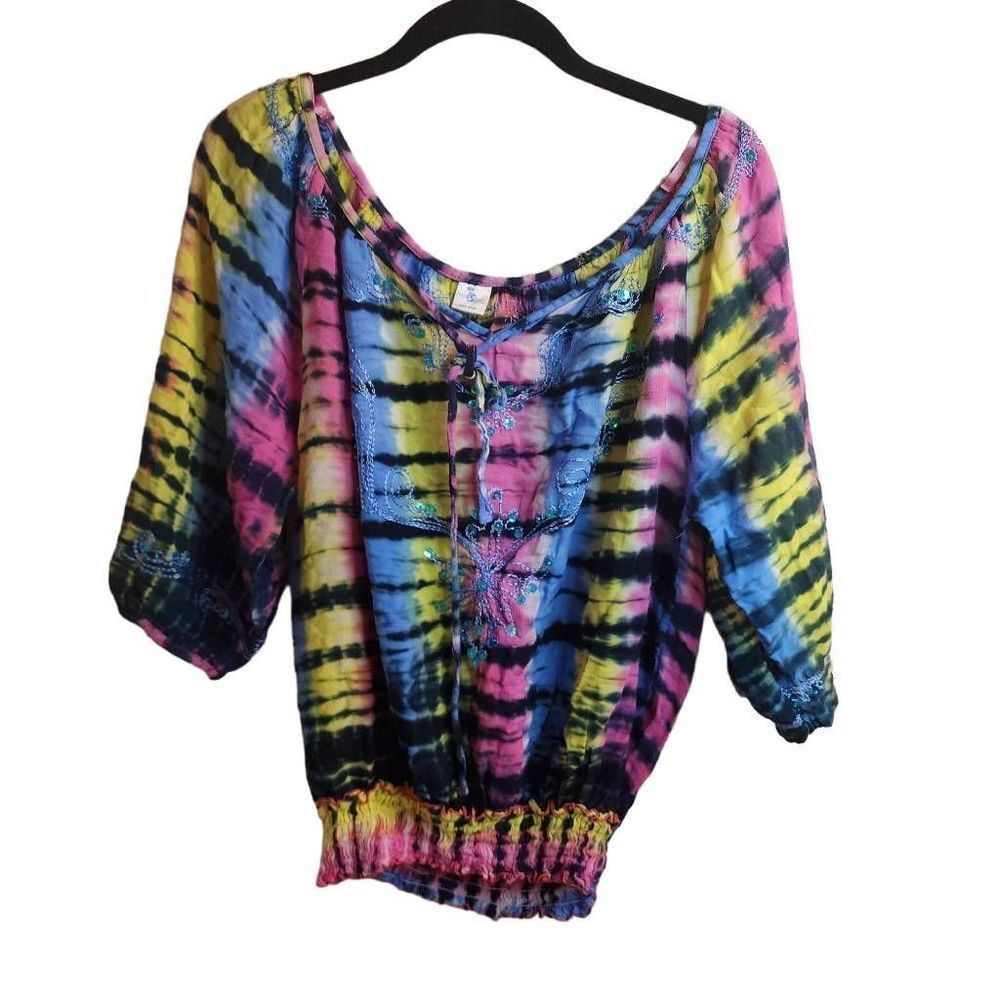 Island Planet Tie Dye Ultra Soft Beach Beaded Embroidered Boho Top One Size